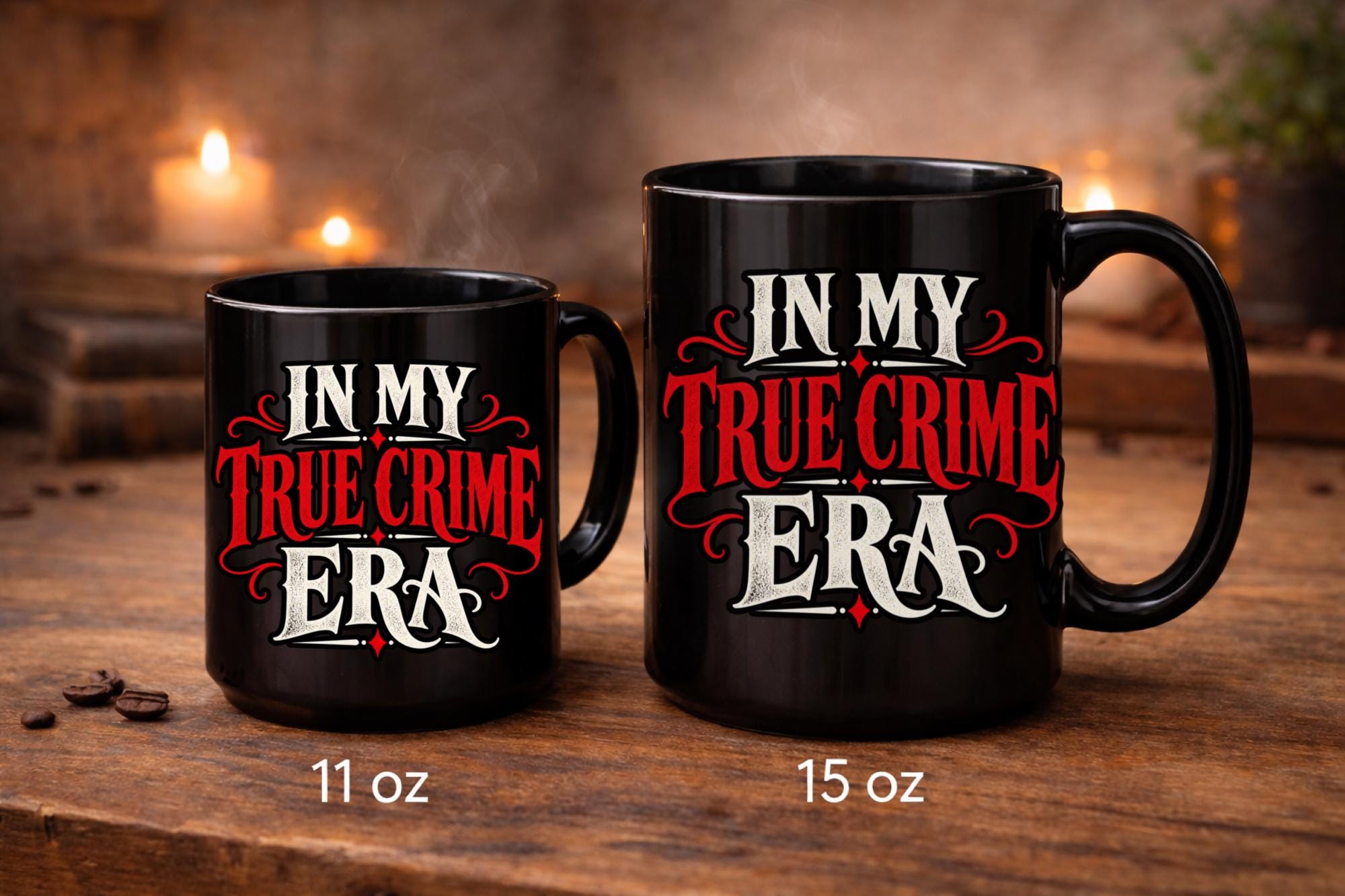 Black In My True Crime Era mugs in 11 oz and 15 oz sizes featuring bold red and cream gothic lettering on ceramic coffee cups.