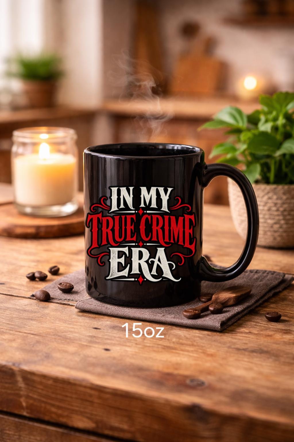 Black In My True Crime Era mugs in 11 oz and 15 oz sizes featuring bold red and cream gothic lettering on ceramic coffee cups.