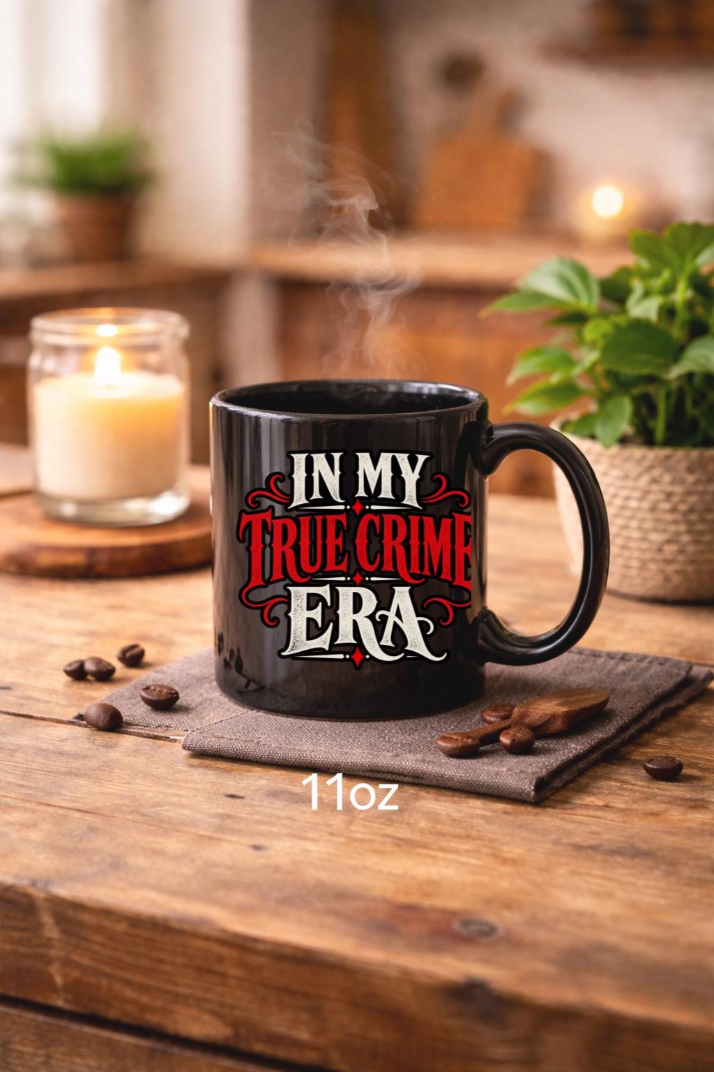 Black In My True Crime Era mugs in 11 oz and 15 oz sizes featuring bold red and cream gothic lettering on ceramic coffee cups.