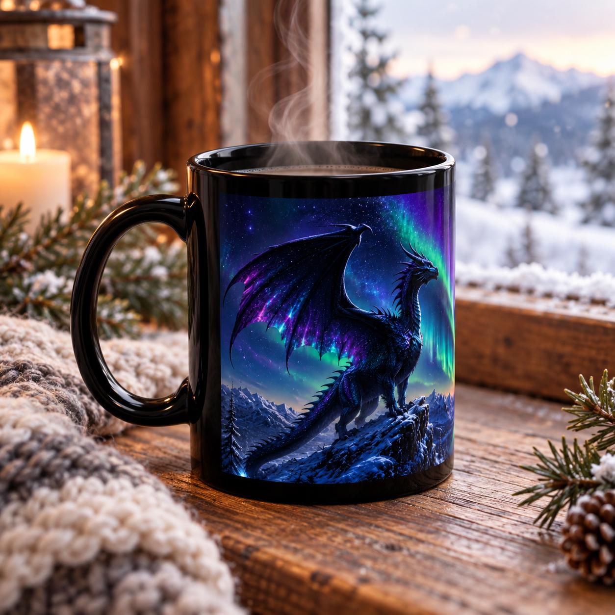 Aurora dragon black ceramic mug in 11 oz and 15 oz sizes featuring a fantasy dragon, northern lights, moon, mountains, and vivid night sky artwork.