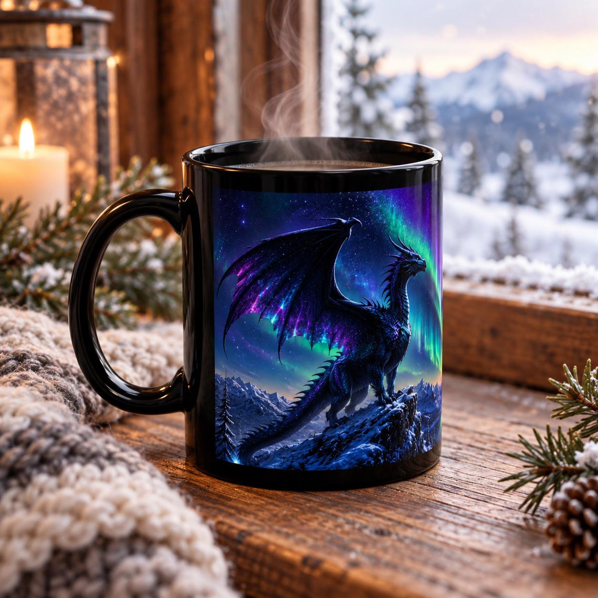 Aurora dragon black ceramic mug in 11 oz and 15 oz sizes featuring a fantasy dragon, northern lights, moon, mountains, and vivid night sky artwork.