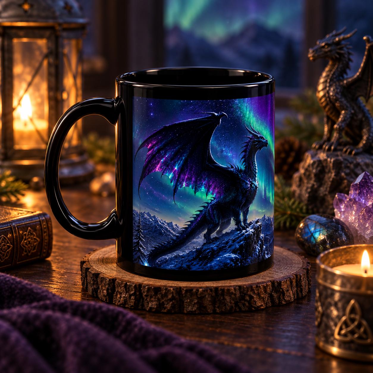 Aurora dragon black ceramic mug in 11 oz and 15 oz sizes featuring a fantasy dragon, northern lights, moon, mountains, and vivid night sky artwork.