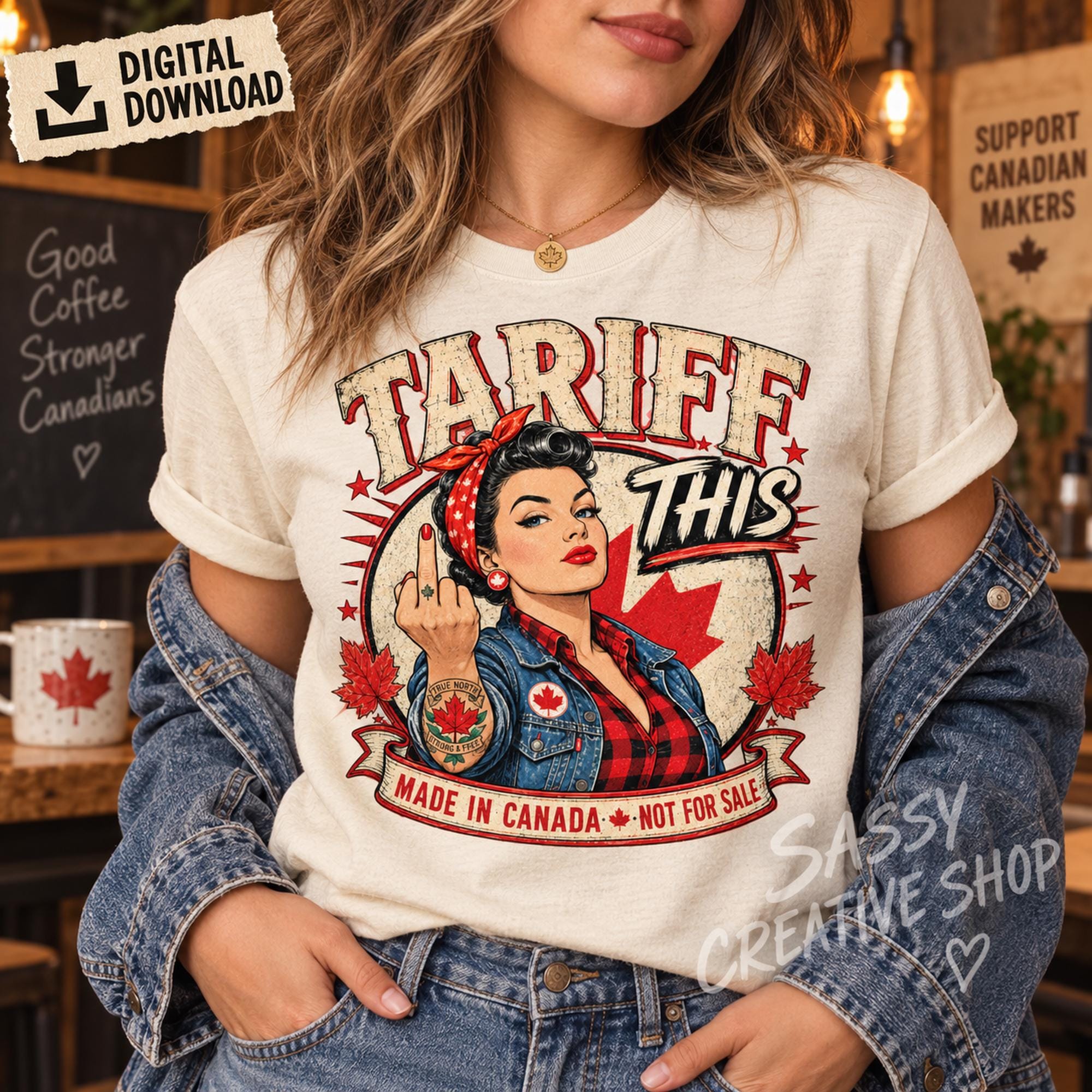 Woman wearing a cream T-shirt featuring the retro Tariff This Canadian patriot design with maple leaves and denim details.