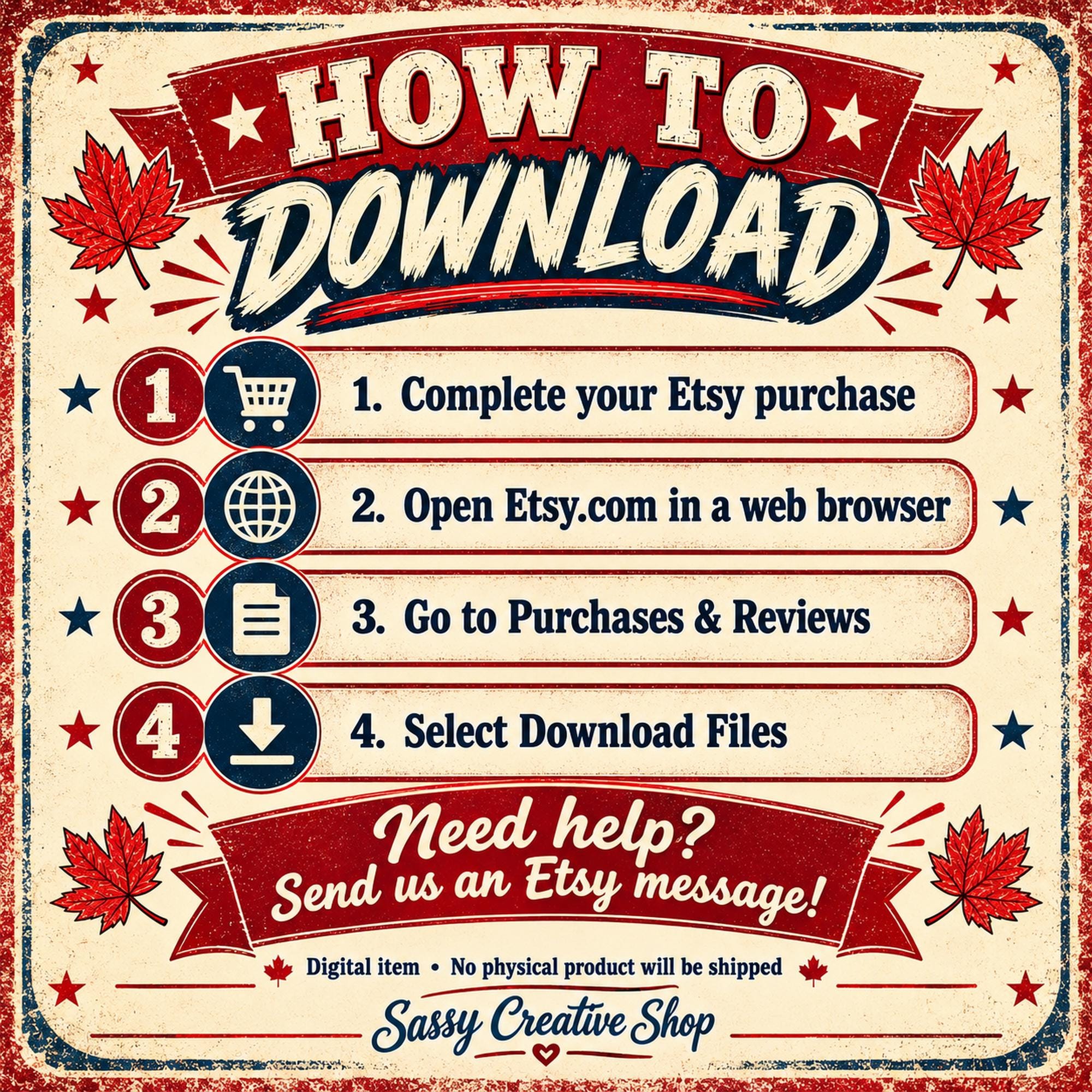 How to download an Etsy digital purchase with four simple steps from checkout to selecting Download Files.