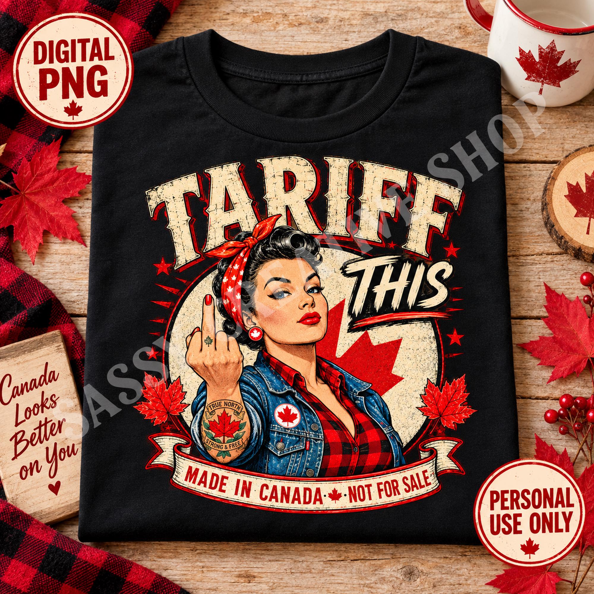 Tariff This Canadian digital PNG displayed on a black T-shirt with red maple leaves, personal-use license and instant-download labels.