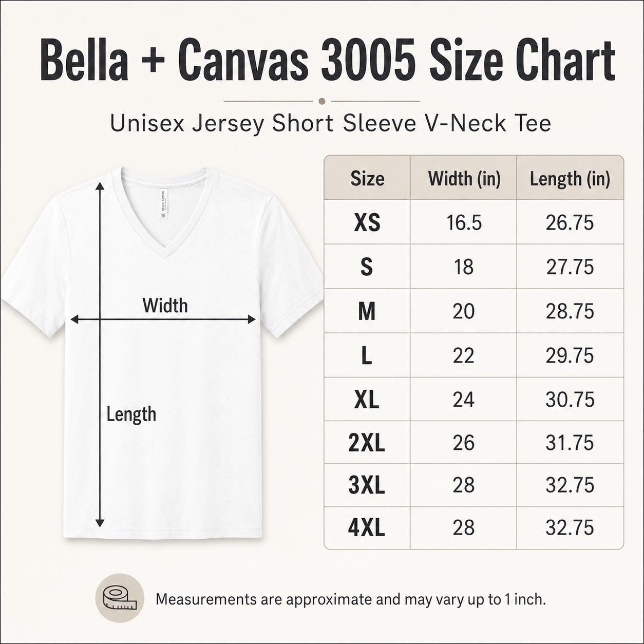 Bella Canvas 3005 V-neck T-shirt size chart showing XS through 4XL width and length measurements.