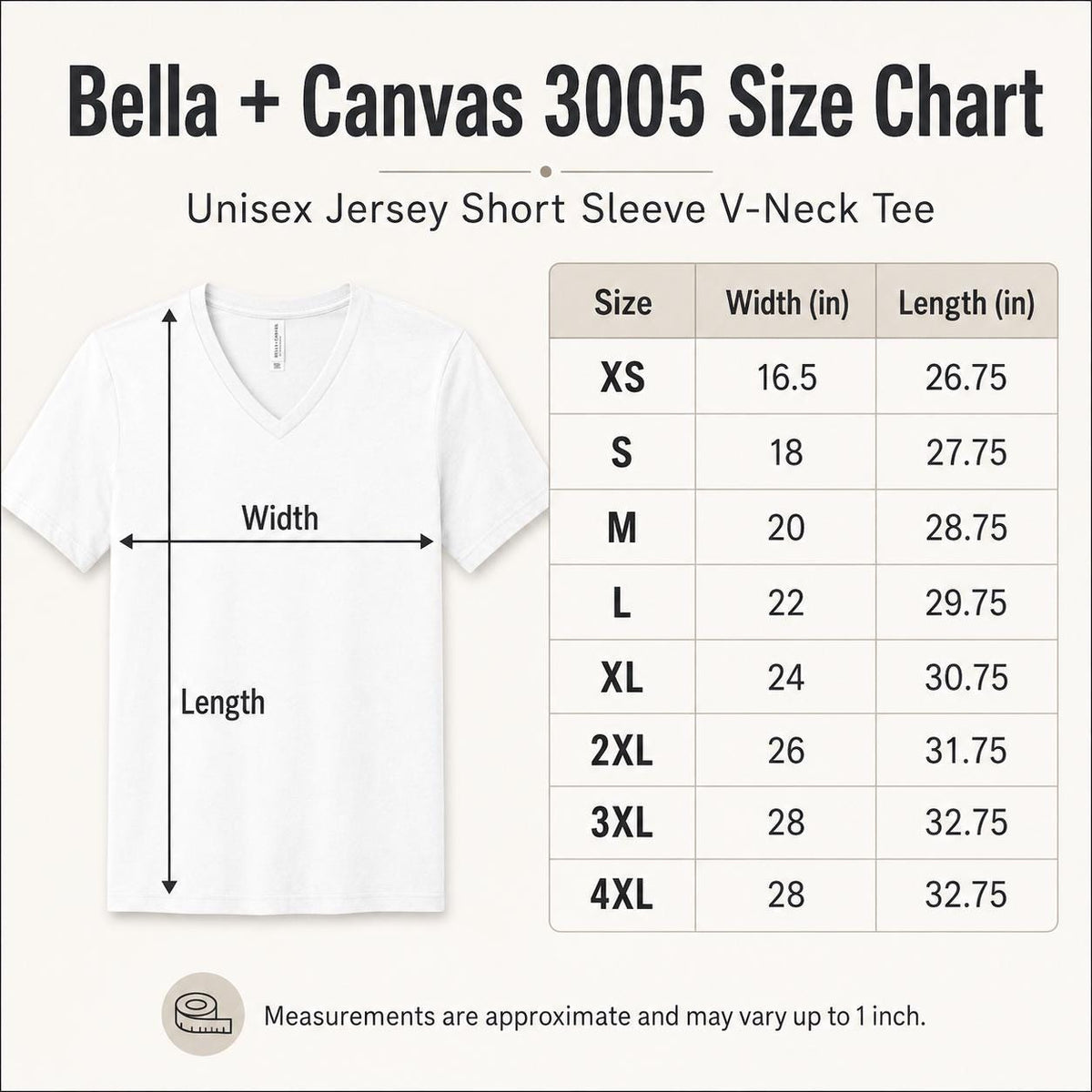Bella Canvas 3005 V-neck T-shirt size chart showing XS through 4XL width and length measurements.