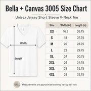 Bella Canvas 3005 V-neck T-shirt size chart showing XS through 4XL width and length measurements.