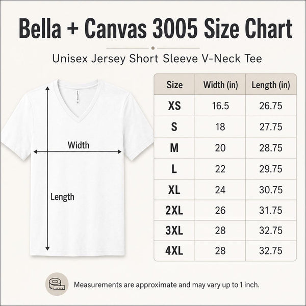 Bella Canvas 3005 V-neck T-shirt size chart showing XS through 4XL width and length measurements.