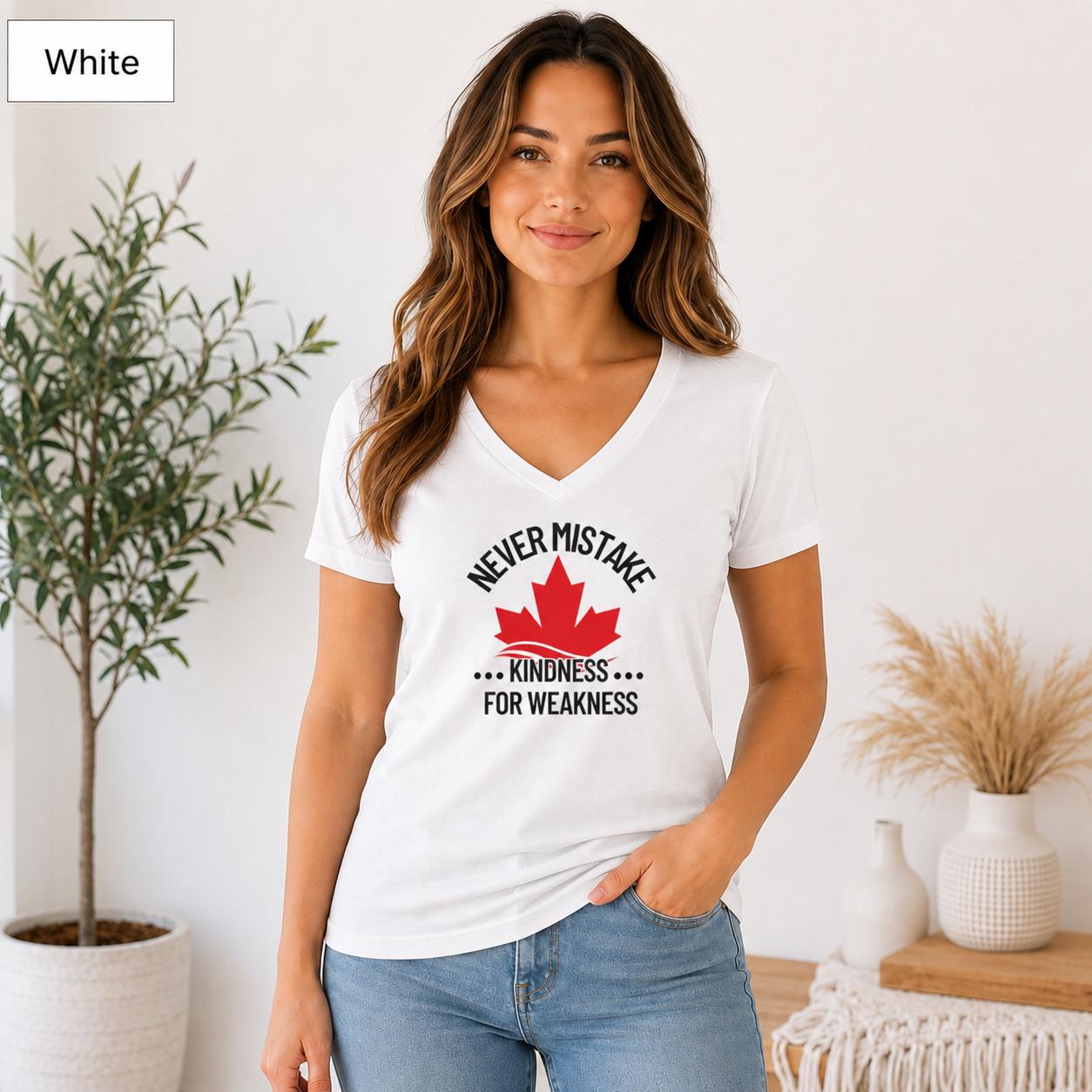 White Bella Canvas 3005 V-neck tee featuring Canadian maple leaf graphic and kindness quote on a female model.