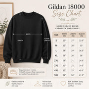 Size chart for crewneck sweatshirt featuring a cute bow-wearing ghost holding coffee, surrounded by pink hearts, bats, stars, and the words Ghosted but Thriving.