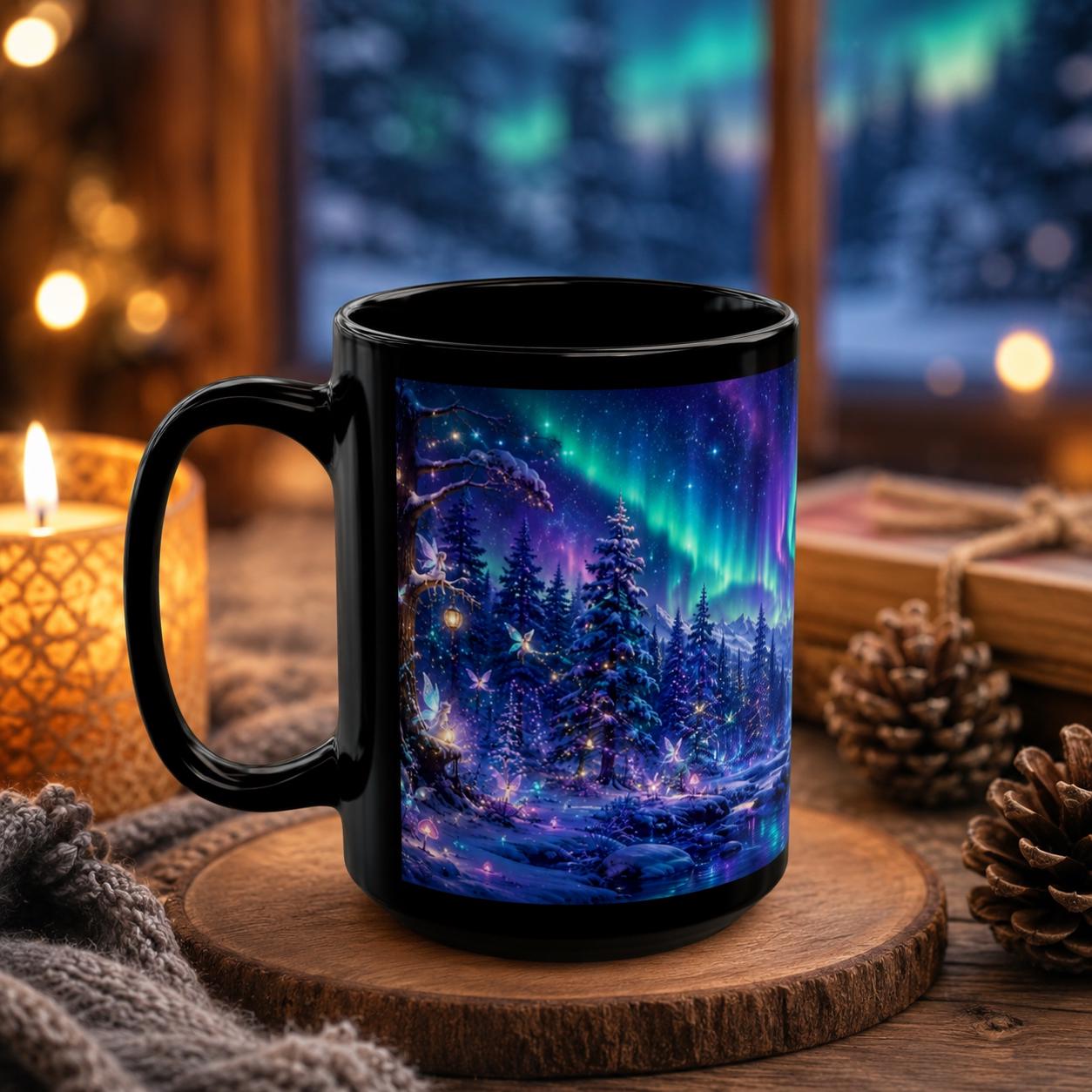 Aurora borealis coffee mugs with glowing green, blue, and purple skies over an evergreen woodland.