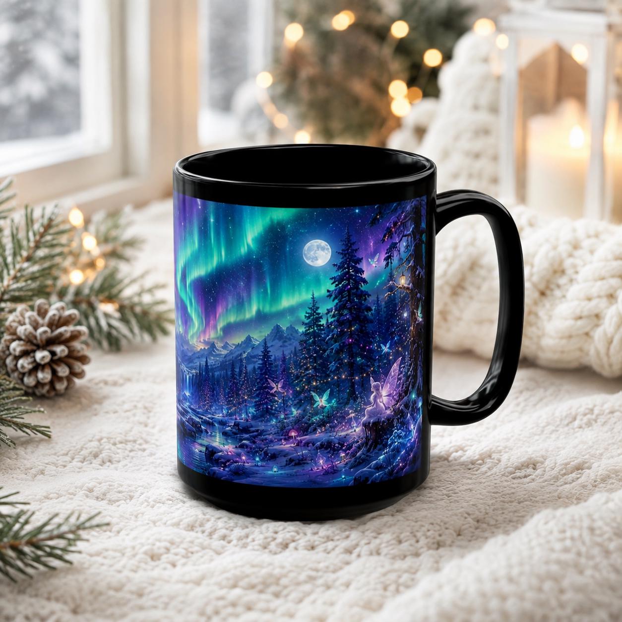 Fantasy forest coffee cup with full moon, stars, evergreen trees, and colorful aurora artwork.