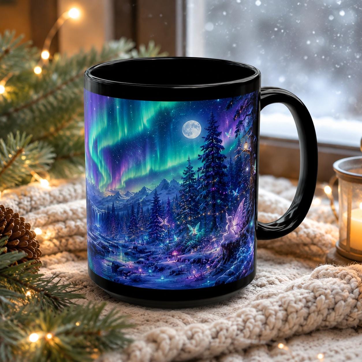 Black ceramic mug featuring vivid Northern Lights above a snowy magical woodland scene.