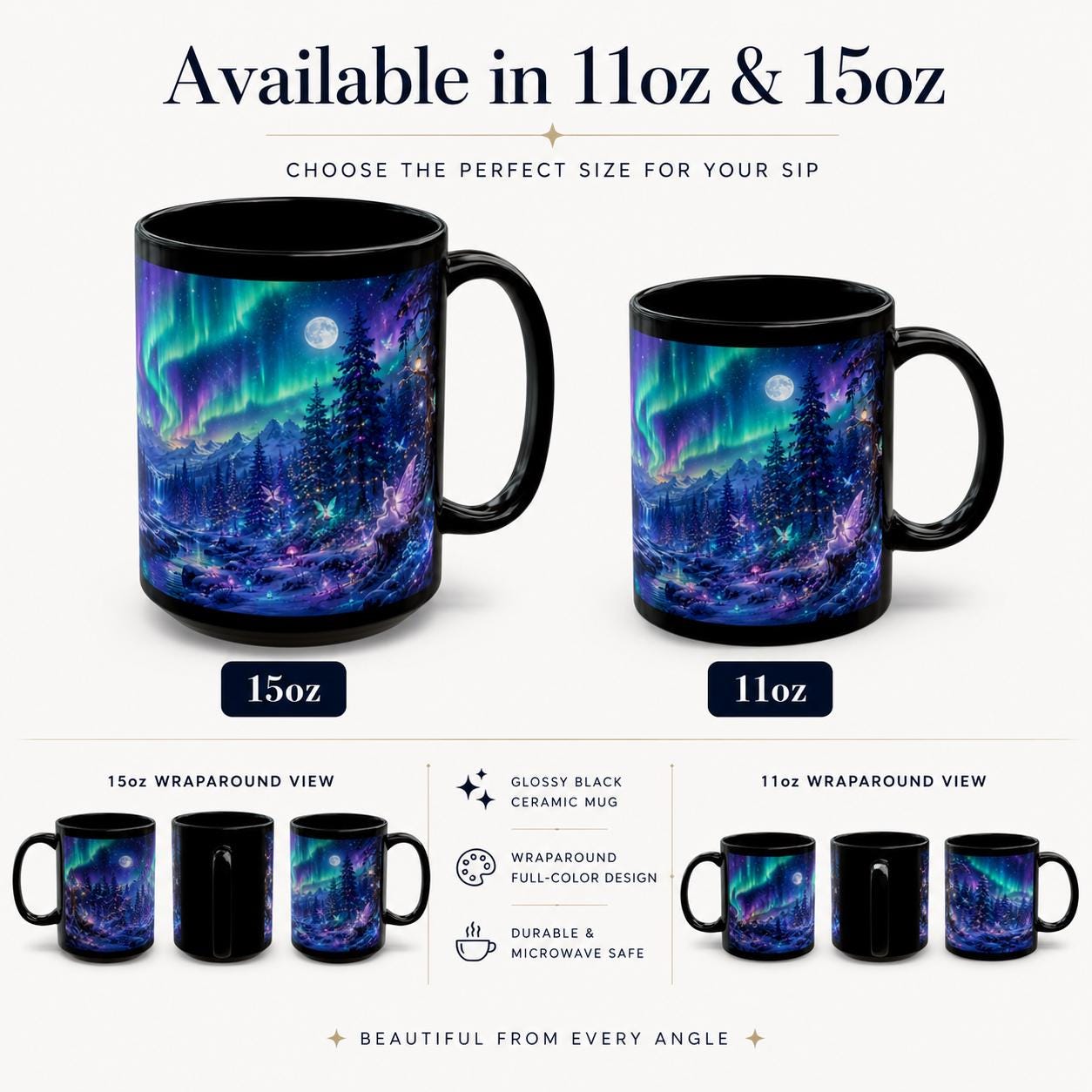 Side-by-side 15 oz and 11 oz black mugs featuring an enchanted Northern Lights forest design.