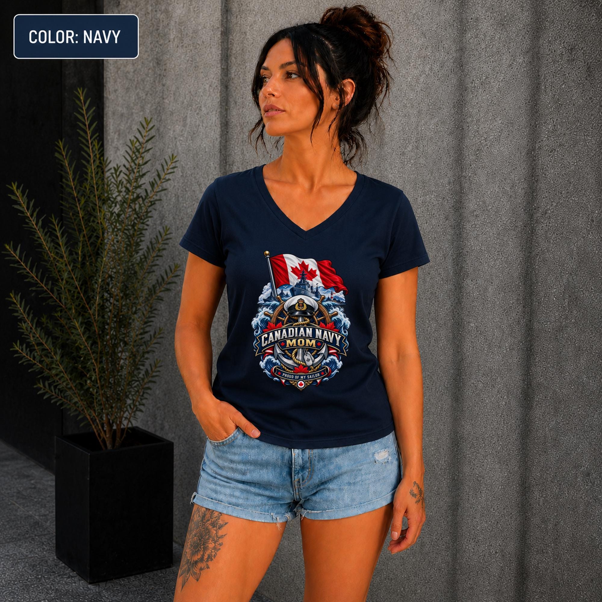 Navy family support shirt for moms with bold Canadian maritime graphic on Navy fabric.