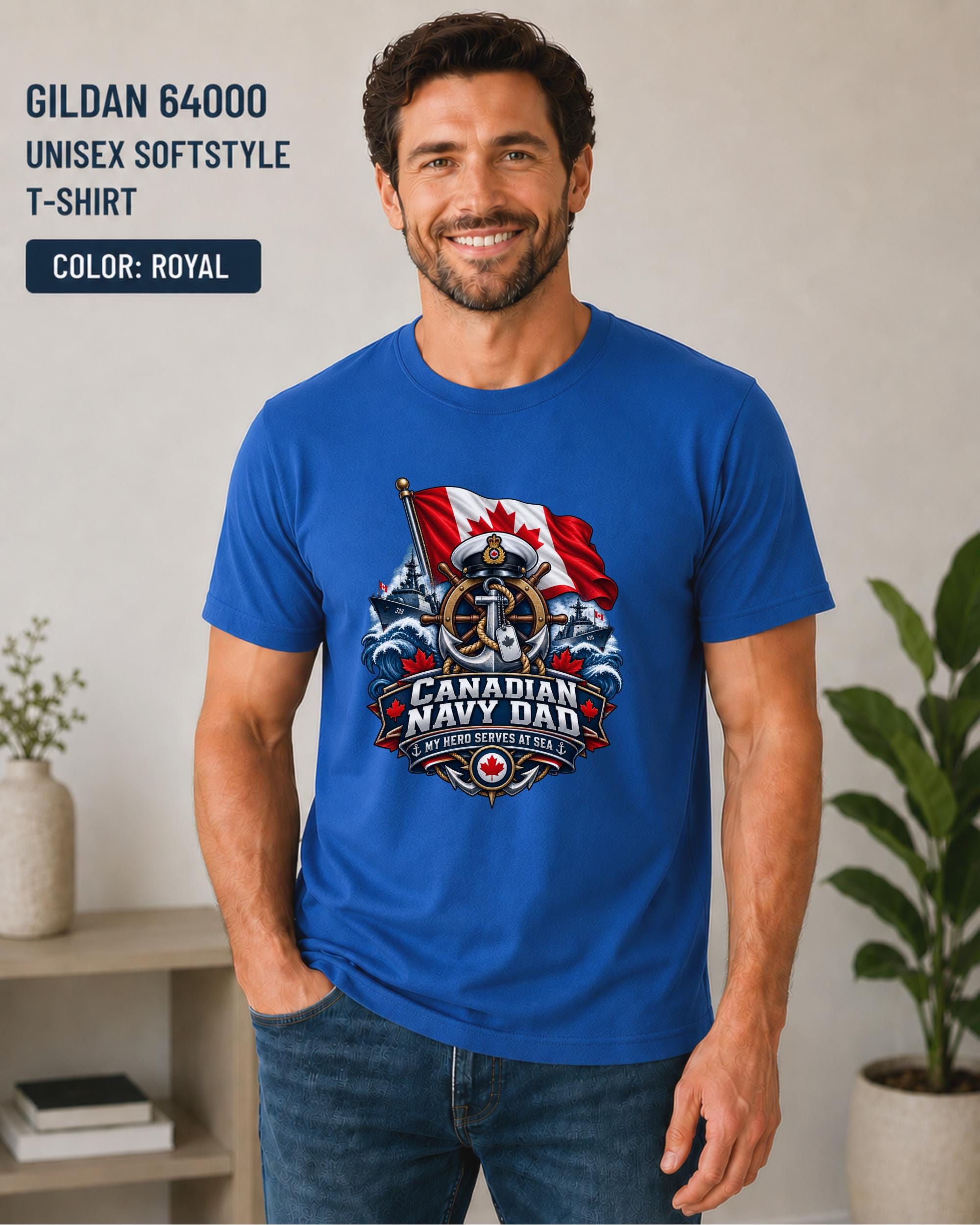 Canadian Navy Dad graphic tee featuring My Hero Serves at Sea wording and red maple leaf details.