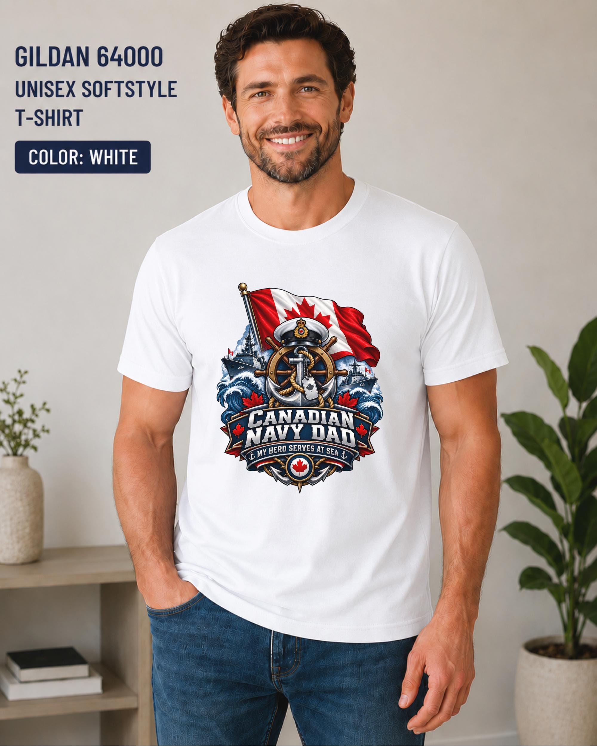 Gildan 64000 Softstyle shirt with Canadian Navy Dad graphic in red, white, blue, and gold.