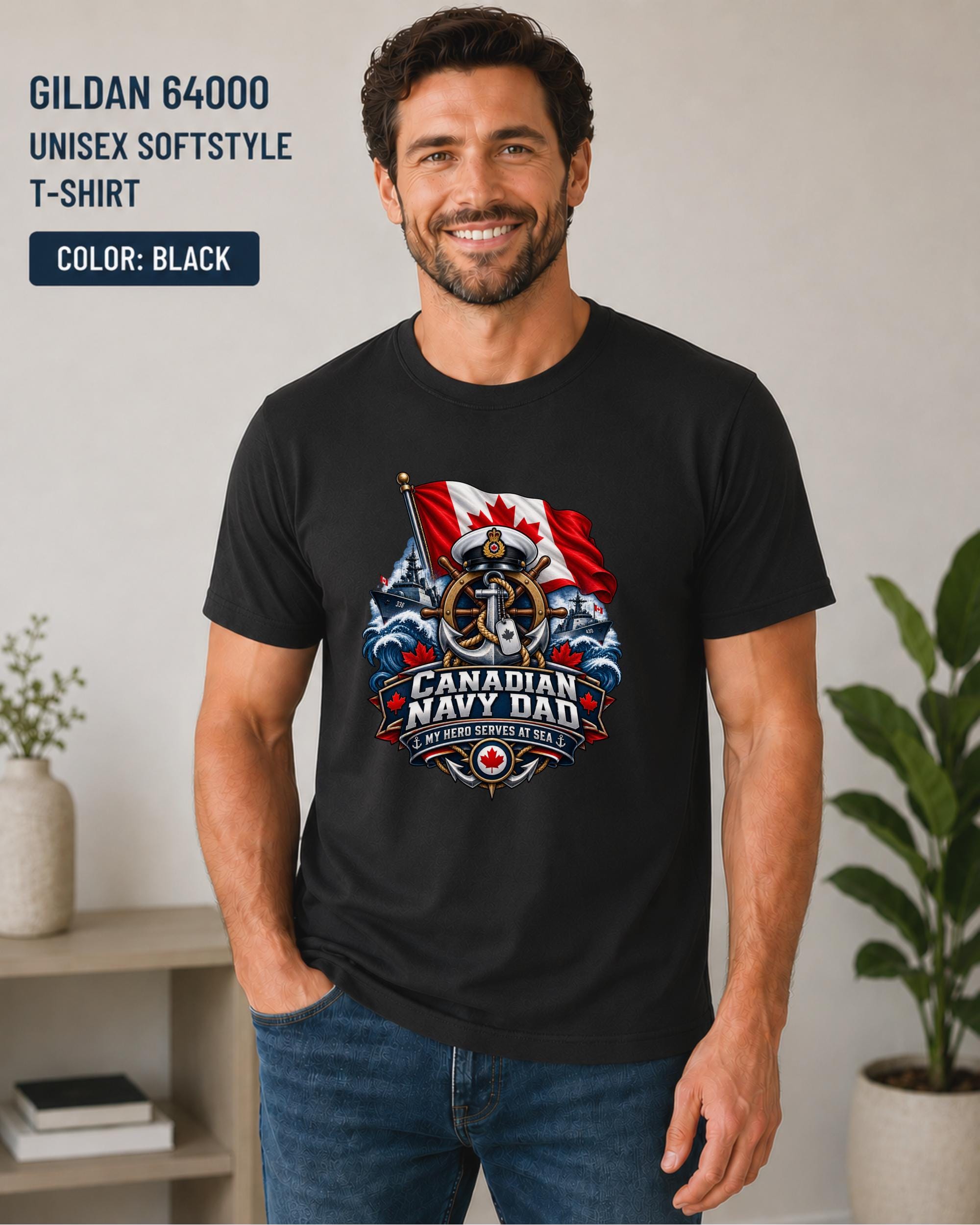 Military dad gift shirt featuring Canadian maple leaf, naval ships, waves, and anchor details.