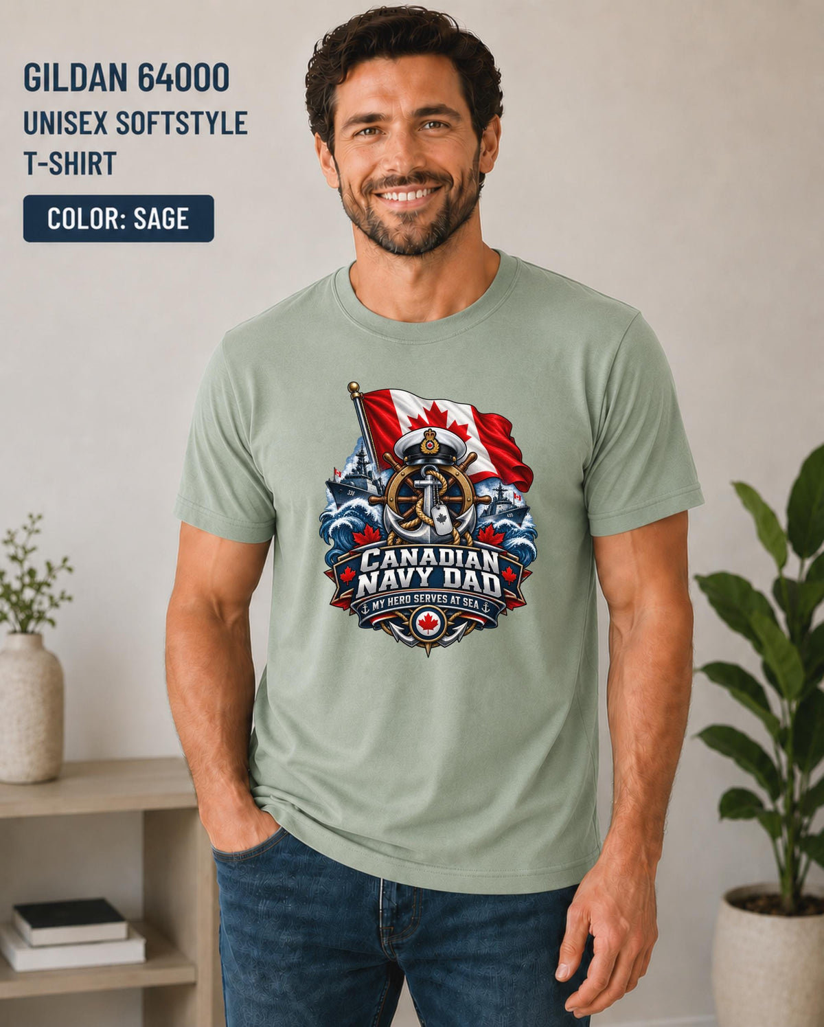 Father’s Day military shirt featuring Canadian Navy Dad lettering and ocean scene.