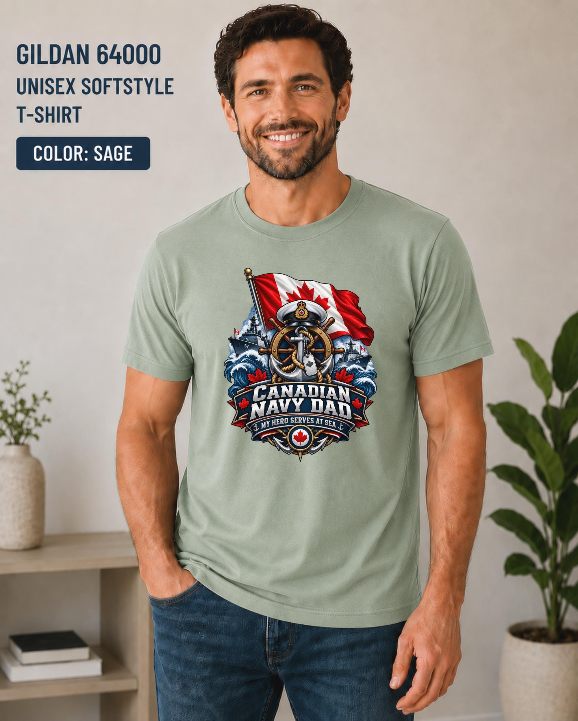 Father’s Day military shirt featuring Canadian Navy Dad lettering and ocean scene.