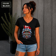 Woman wearing a black Canadian Navy Mom V-neck shirt featuring Canadian flag, naval ship, ocean waves, and anchor artwork.