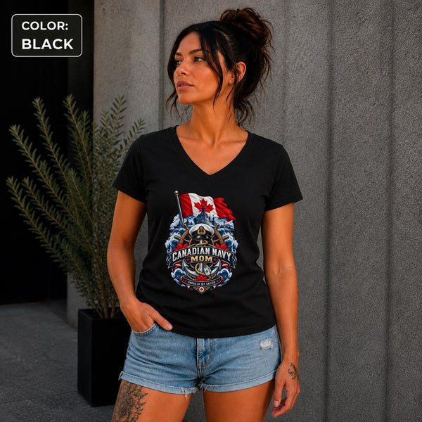 Woman wearing a black Canadian Navy Mom V-neck shirt featuring Canadian flag, naval ship, ocean waves, and anchor artwork.