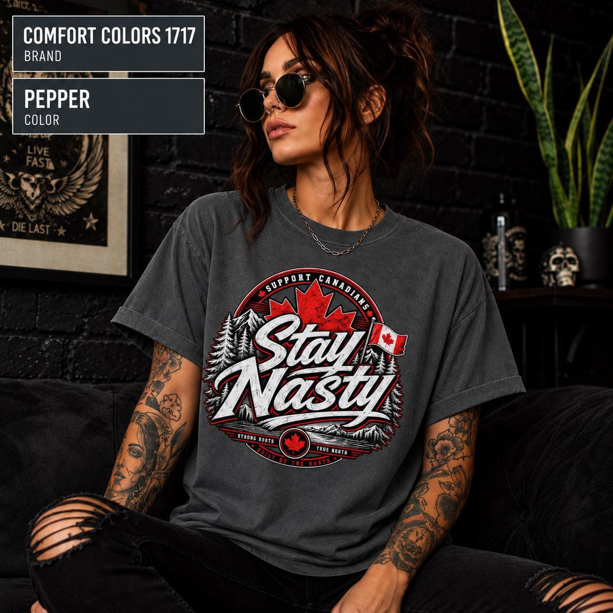 Canadian graphic shirt featuring Strong Roots, True North, and Built by the North wording.