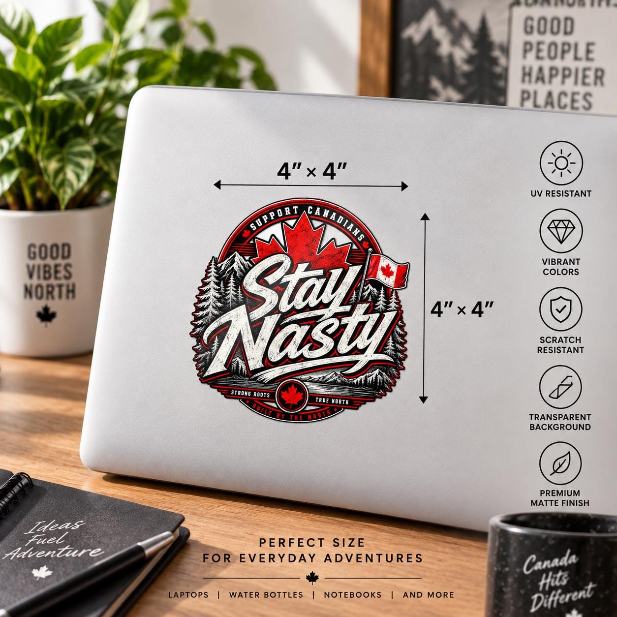 4x4 inch Canadian UV DTF decal shown on a laptop, featuring distressed “Stay Nasty” lettering, maple leaf graphics, mountains, and pine trees.