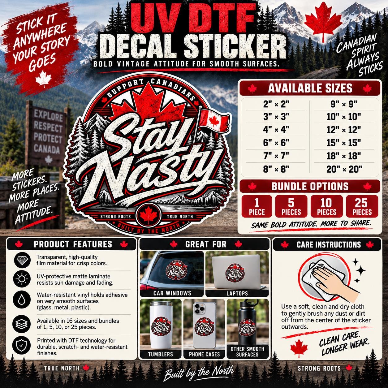 Product information mockup for the “Stay Nasty” UV DTF decal showing available sizes, bundle options, product features, recommended surfaces, and care instructions.