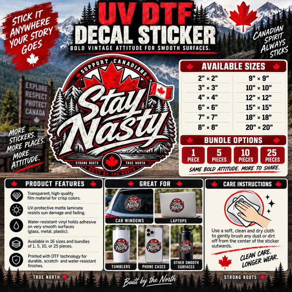 Product information mockup for the “Stay Nasty” UV DTF decal showing available sizes, bundle options, product features, recommended surfaces, and care instructions.