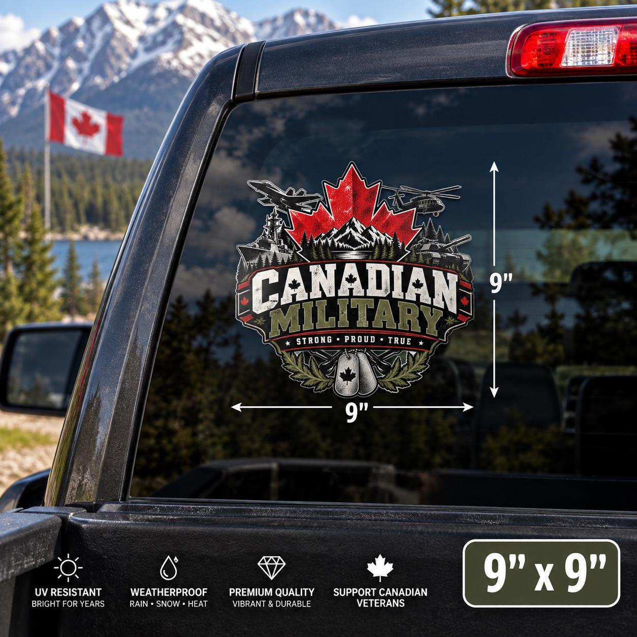 9x9 inch Canadian Military UV DTF decal mockup on a truck rear window with weather-resistant, waterproof, and durable sticker features.