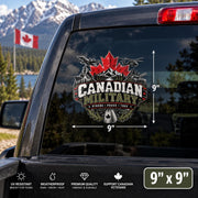 9x9 inch Canadian Military UV DTF decal mockup on a truck rear window with weather-resistant, waterproof, and durable sticker features.
