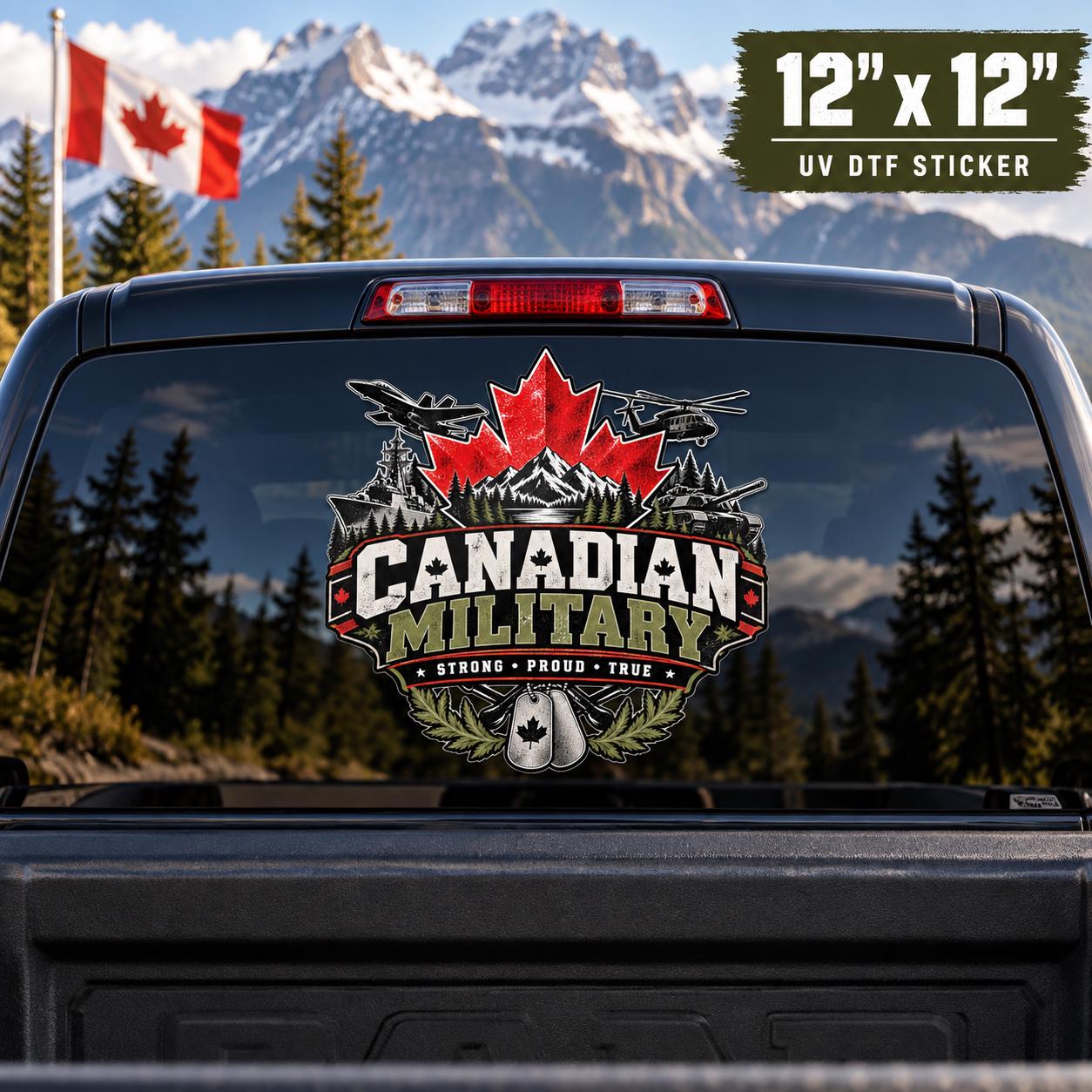 12x12 inch Canadian Military UV DTF decal mockup displayed on a truck rear window with a large patriotic Canadian military graphic.