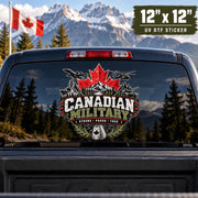 12x12 inch Canadian Military UV DTF decal mockup displayed on a truck rear window with a large patriotic Canadian military graphic.