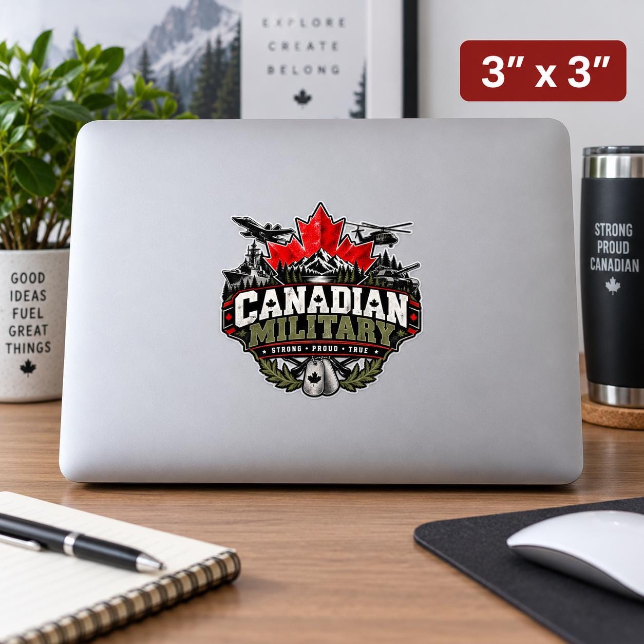 3x3 inch Canadian Military laptop sticker mockup showing the patriotic red, black, cream, and military green design with maple leaf and military imagery.