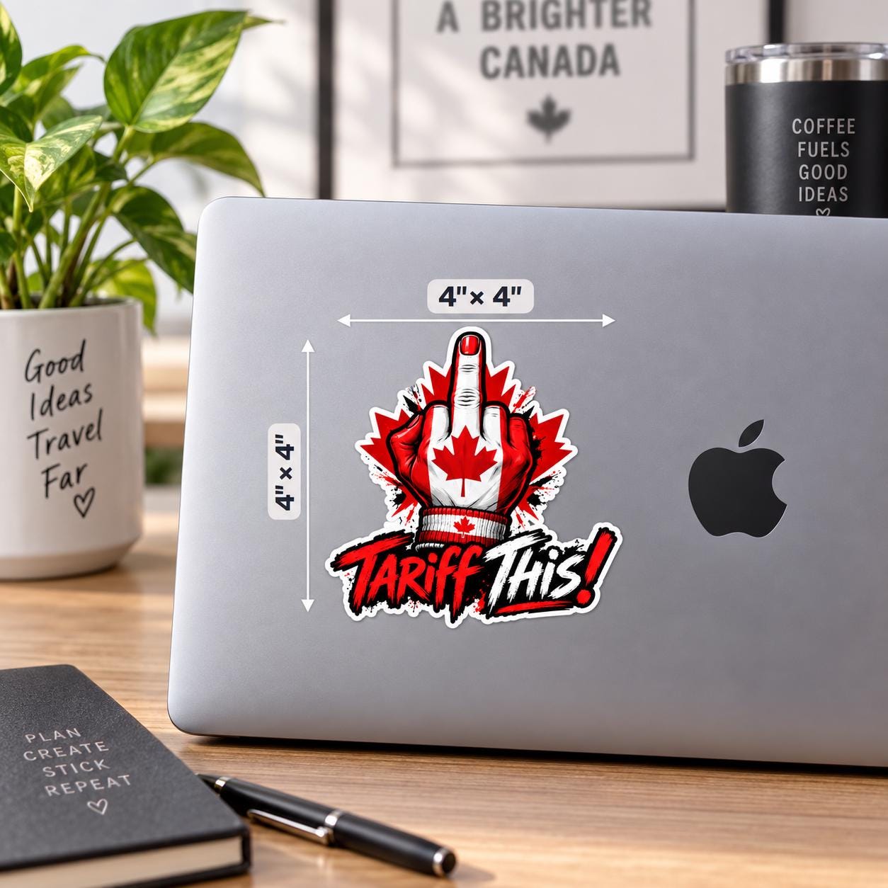 4x4 inch UV DTF sticker mockup shown on a laptop, featuring the “Tariff This” design with maple leaf graphics and rugged vintage styling.