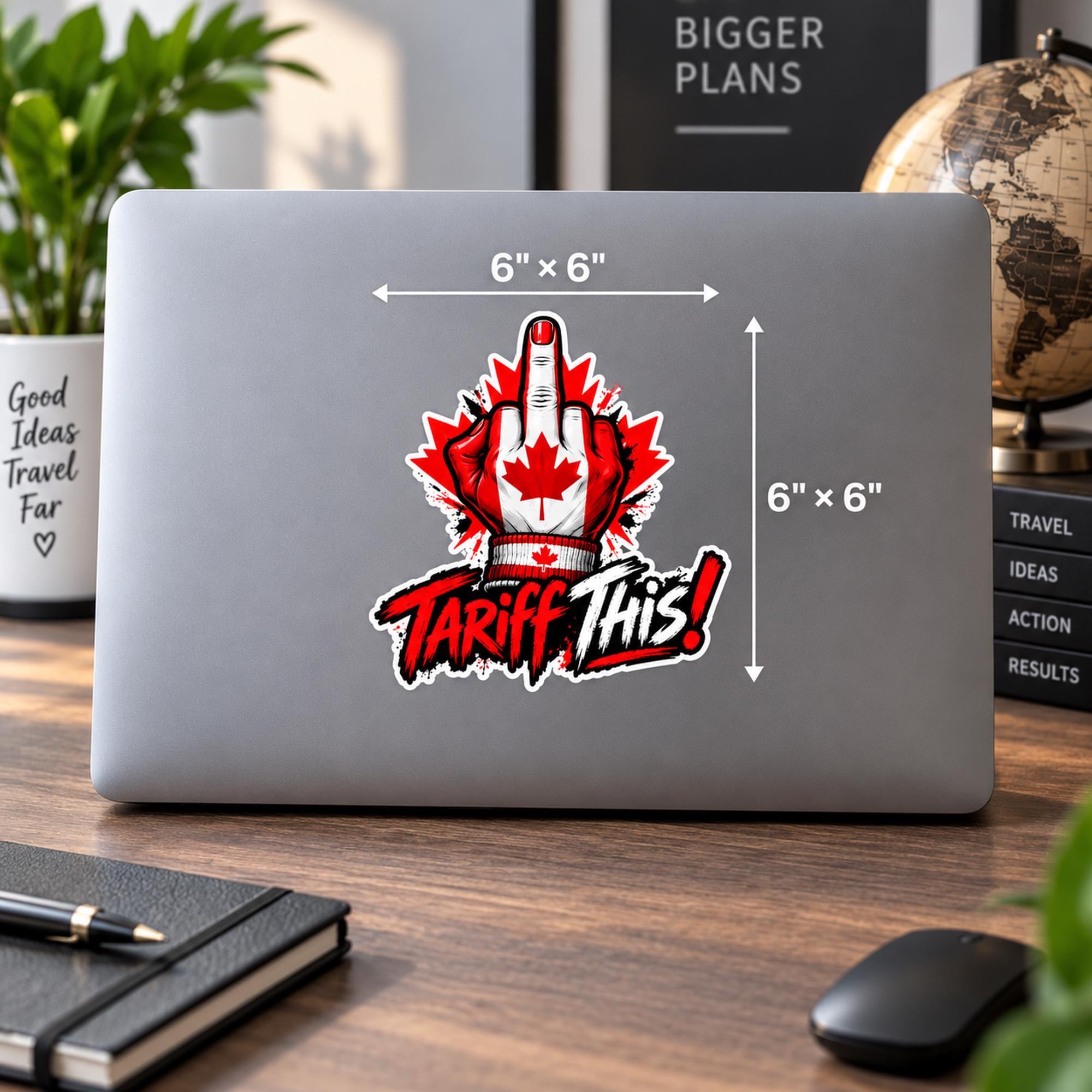 6x6 inch Canadian car window decal mockup featuring the “Tariff This” design on a dark vehicle window with mountain scenery.