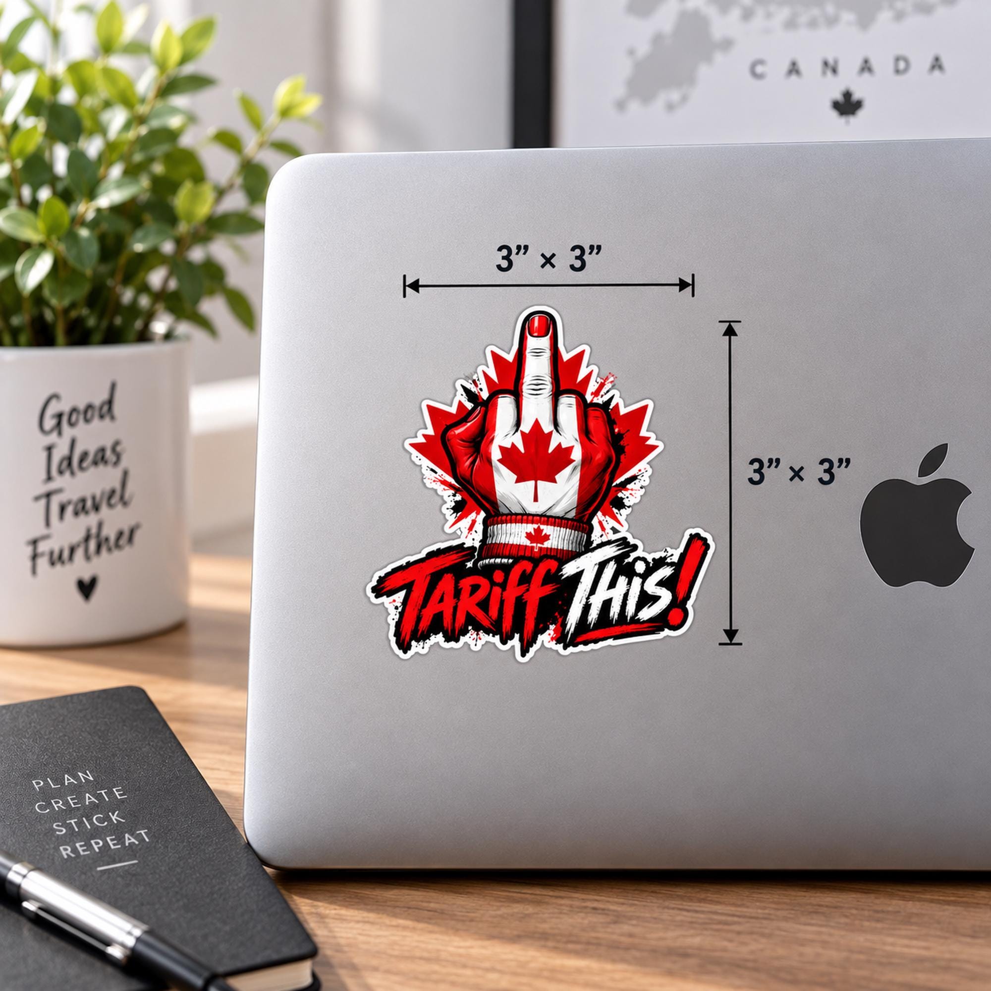 3x3 inch Canadian “Tariff This” laptop decal mockup with red, white, and black patriotic artwork and visible size labeling.
