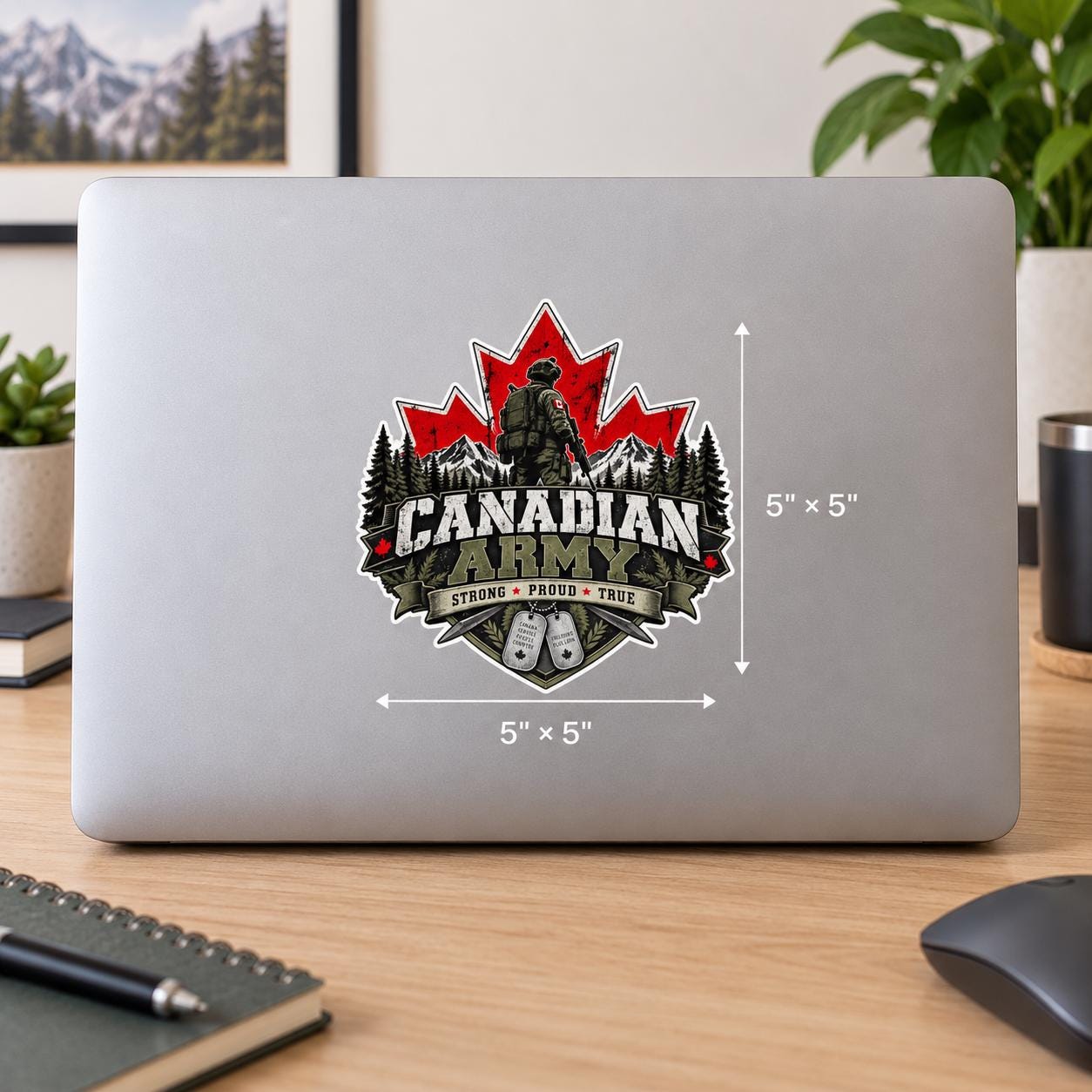 5x5 inch Canadian Army sticker mockup displayed on a laptop featuring the red maple leaf, soldier, mountain scenery, and vintage army emblem.