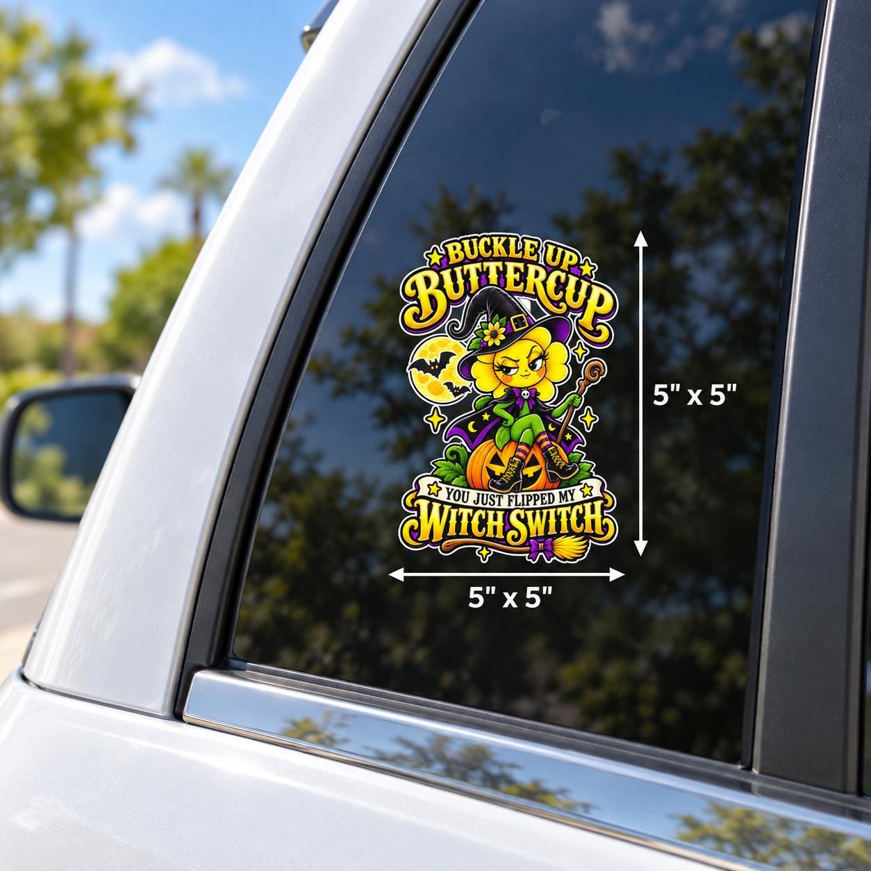 5x5 inch Halloween car window decal mockup featuring the Buckle Up Buttercup witch flower design on a dark SUV window.