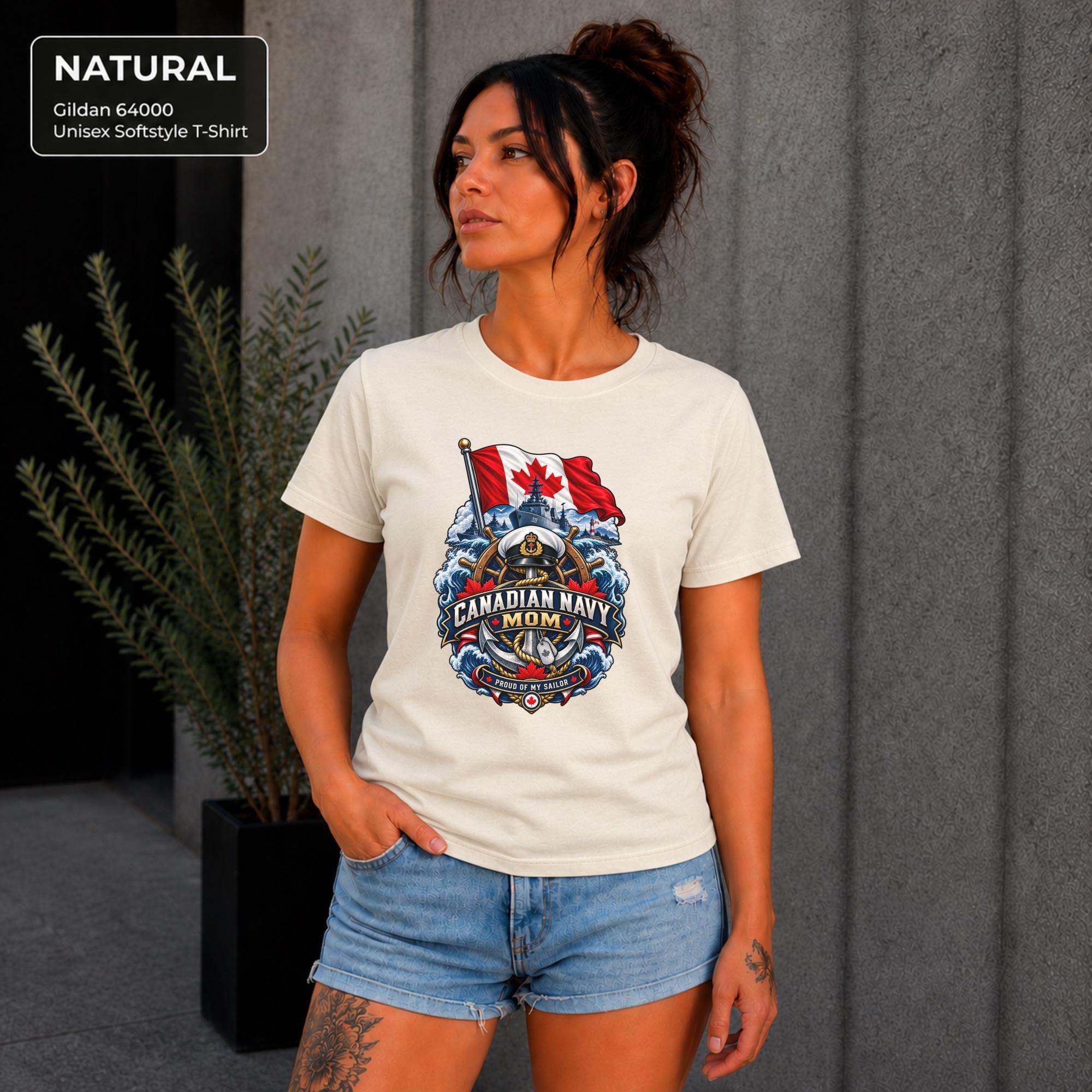 Canadian Navy Mom natural Gildan 64000 T-shirt with Canadian flag, naval ship, anchor, ocean waves, and Proud of My Sailor graphic.
