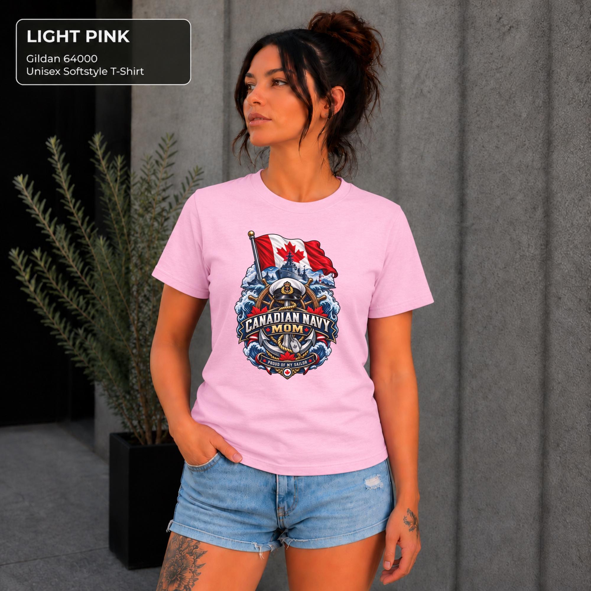 Canadian Navy Mom light pink Gildan 64000 T-shirt with Canadian flag, naval ship, anchor, ocean waves, and Proud of My Sailor graphic.
