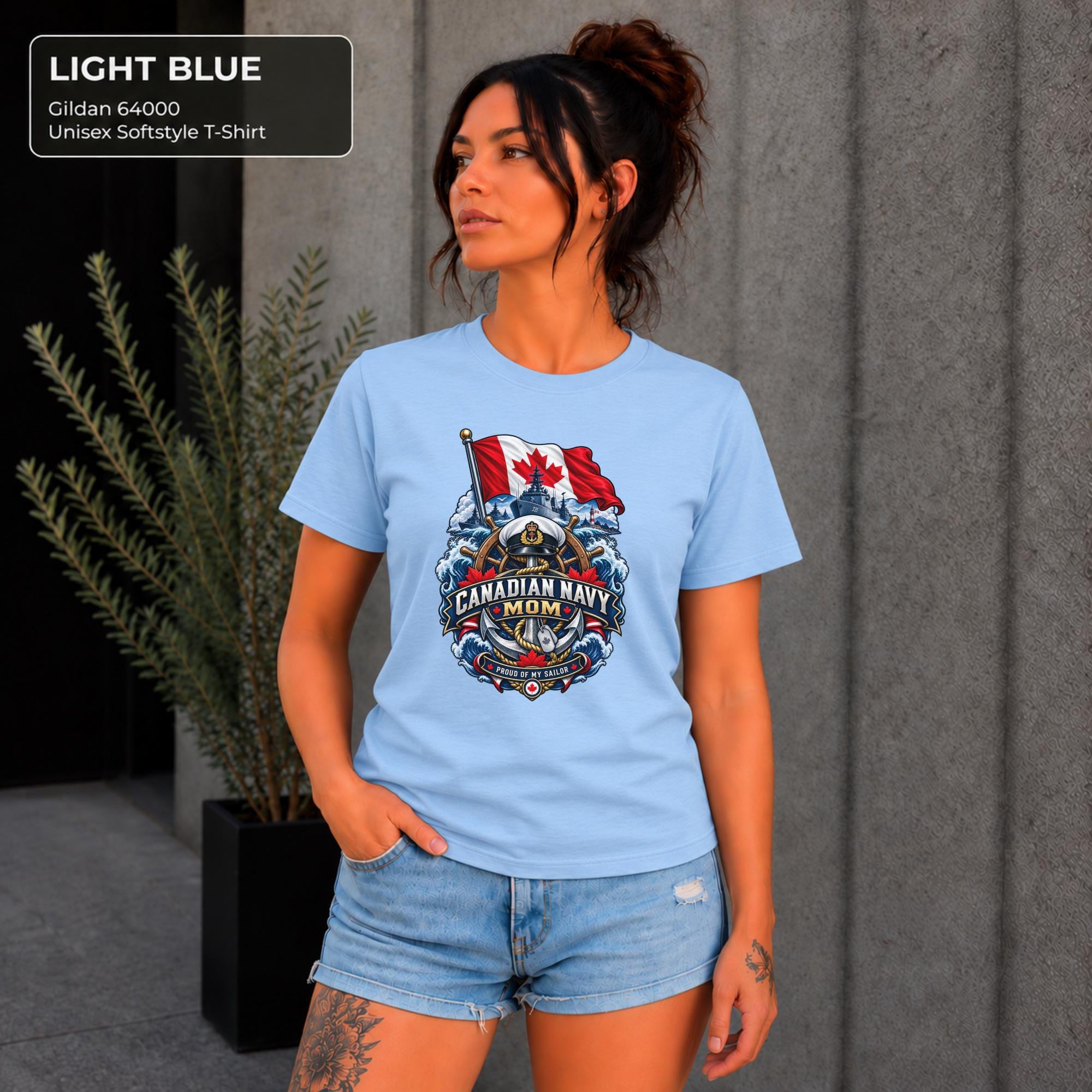 Canadian Navy Mom light blue Gildan 64000 T-shirt with Canadian flag, naval ship, anchor, ocean waves, and Proud of My Sailor graphic.