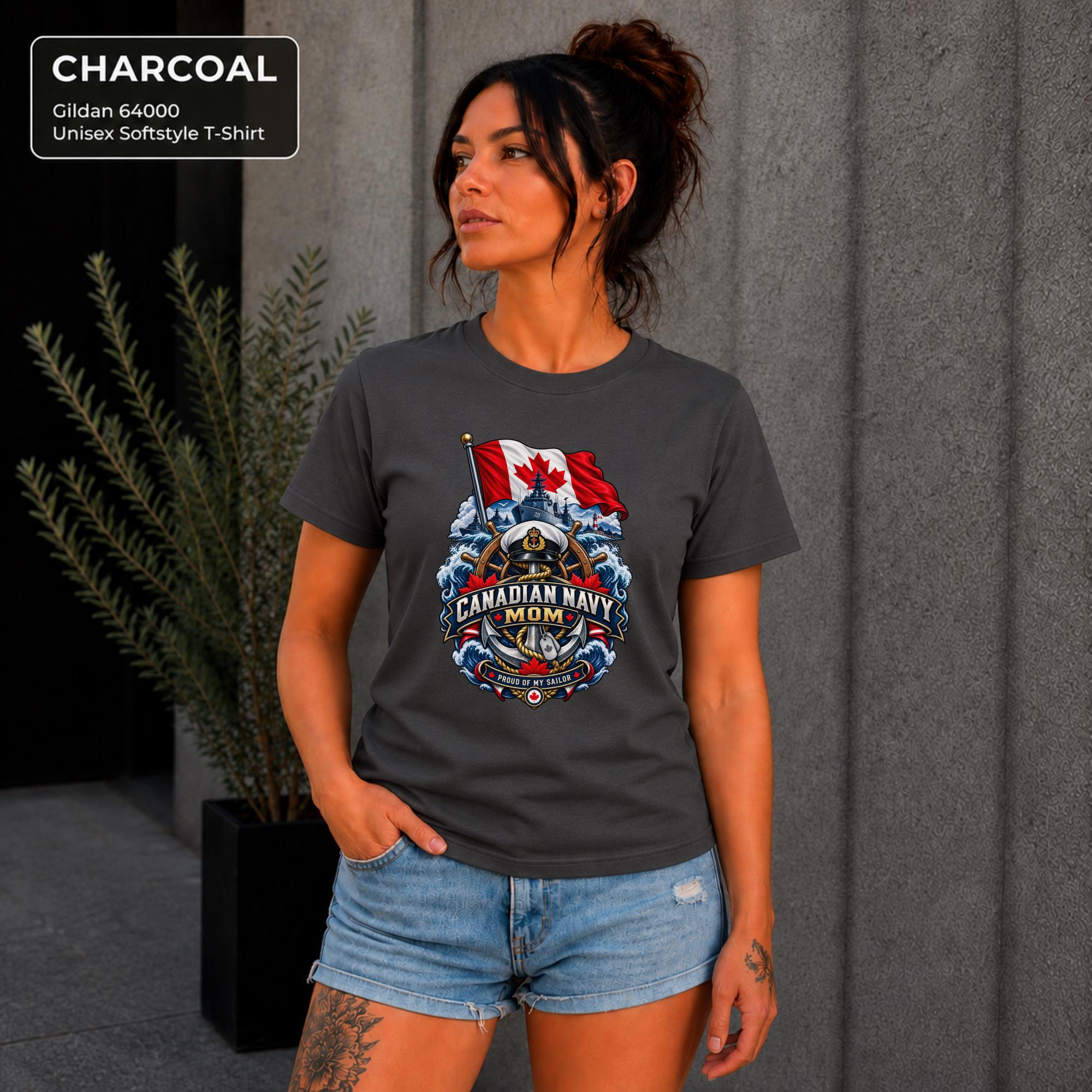 Canadian Navy Mom charcoal Gildan 64000 T-shirt with Canadian flag, naval ship, anchor, ocean waves, and Proud of My Sailor graphic.
