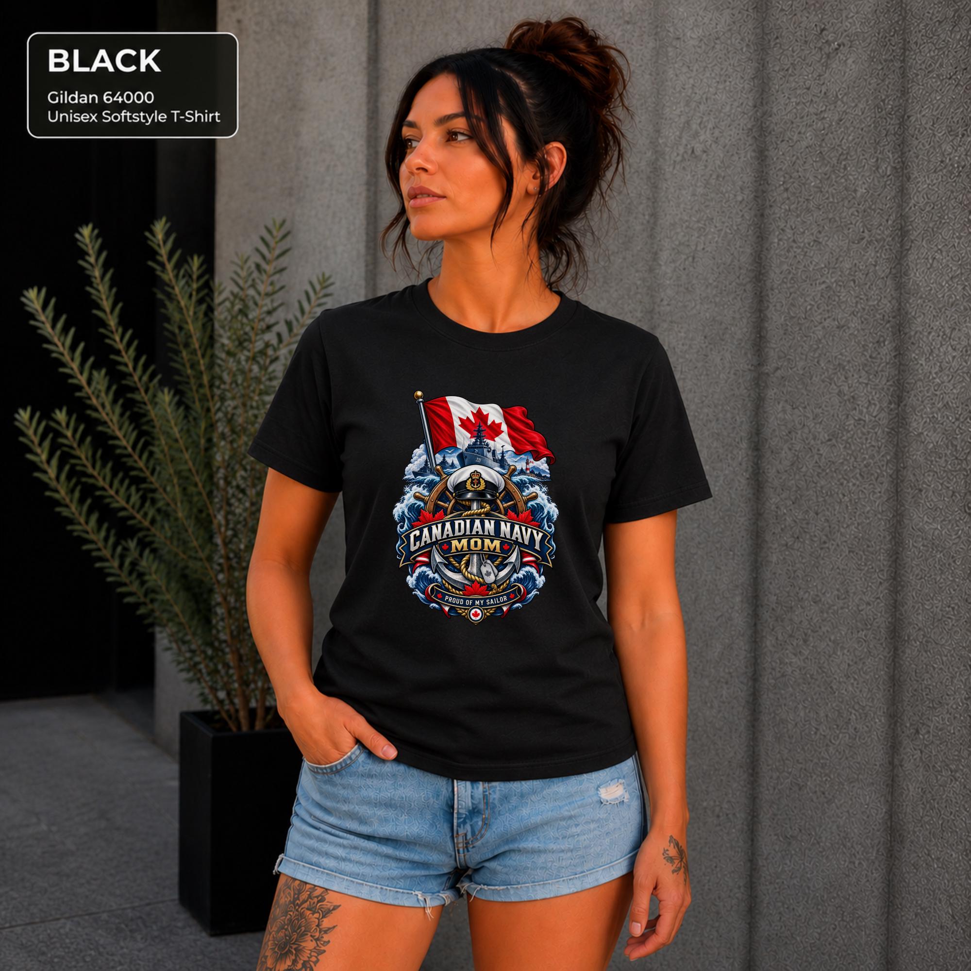 Canadian Navy Mom black Gildan 64000 T-shirt with Canadian flag, naval ship, anchor, ocean waves, and Proud of My Sailor graphic.