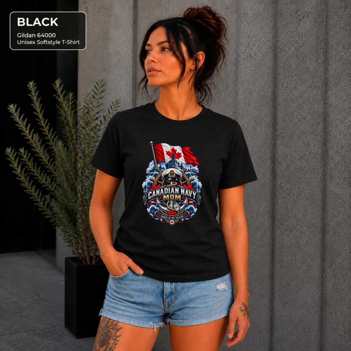 Canadian Navy Mom black Gildan 64000 T-shirt with Canadian flag, naval ship, anchor, ocean waves, and Proud of My Sailor graphic.