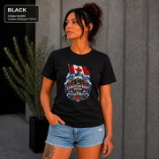 Canadian Navy Mom black Gildan 64000 T-shirt with Canadian flag, naval ship, anchor, ocean waves, and Proud of My Sailor graphic.