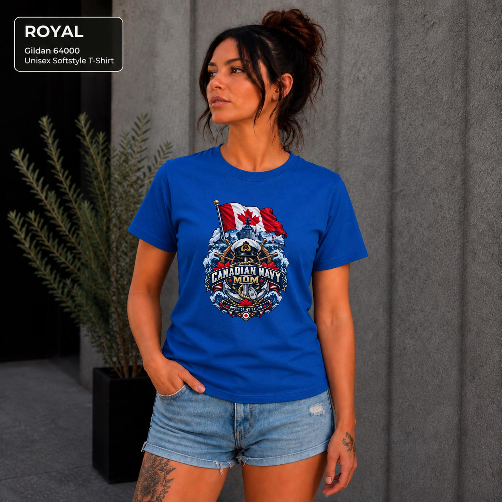 Canadian Navy Mom royal Gildan 64000 T-shirt with Canadian flag, naval ship, anchor, ocean waves, and Proud of My Sailor graphic.