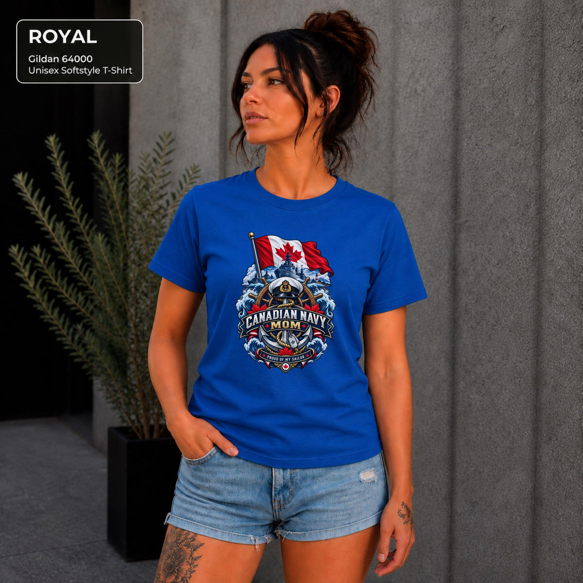 Canadian Navy Mom royal Gildan 64000 T-shirt with Canadian flag, naval ship, anchor, ocean waves, and Proud of My Sailor graphic.